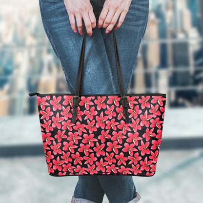 Red And Black Frangipani Pattern Print Leather Tote Bag