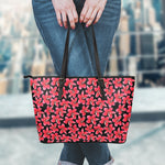 Red And Black Frangipani Pattern Print Leather Tote Bag