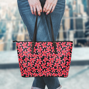 Red And Black Frangipani Pattern Print Leather Tote Bag