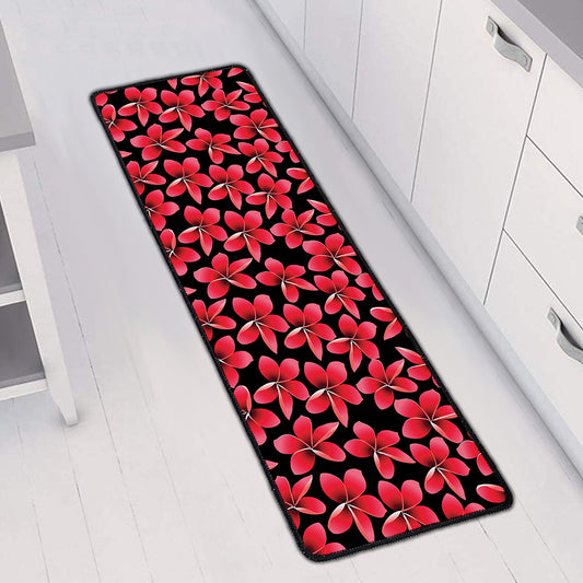 Red And Black Frangipani Pattern Print Long Kitchen Mat