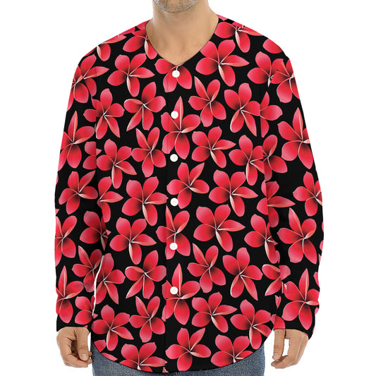 Red And Black Frangipani Pattern Print Long Sleeve Baseball Jersey