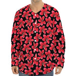 Red And Black Frangipani Pattern Print Long Sleeve Baseball Jersey