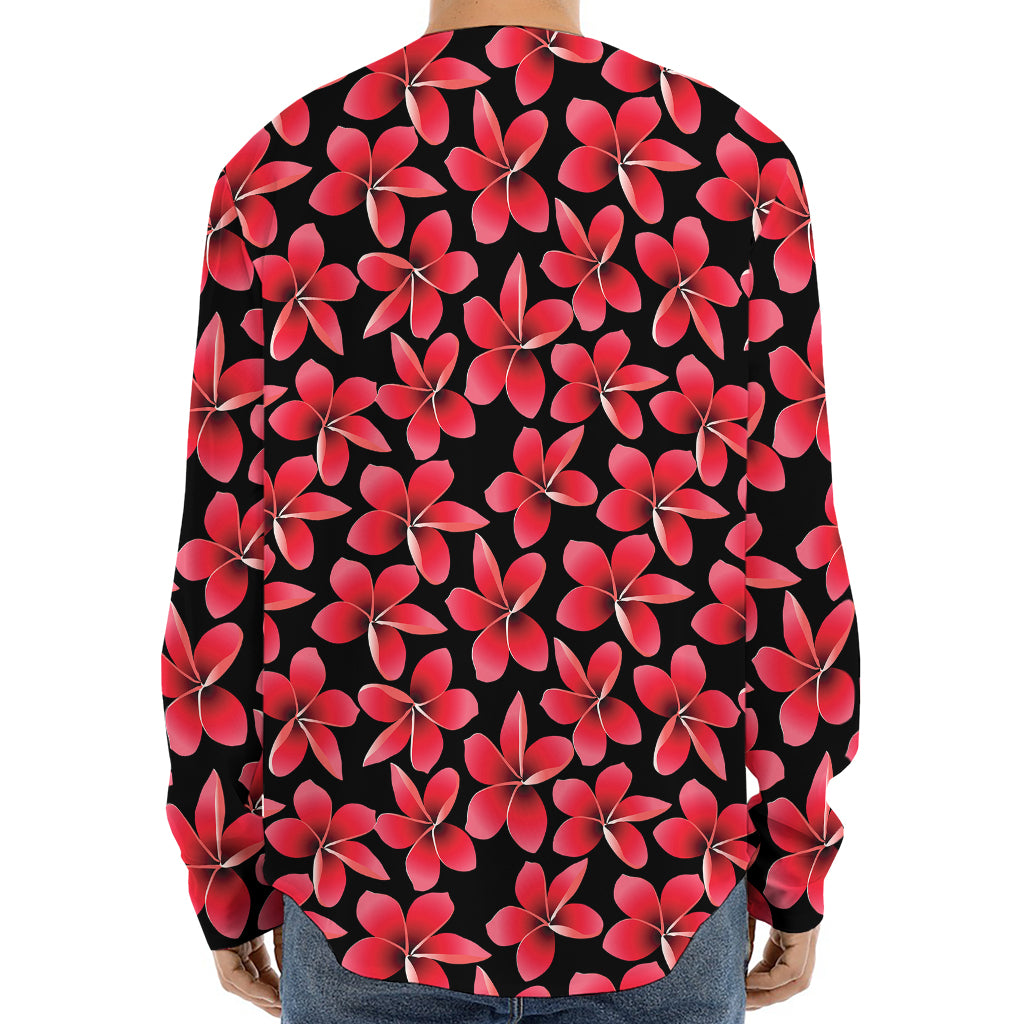 Red And Black Frangipani Pattern Print Long Sleeve Baseball Jersey