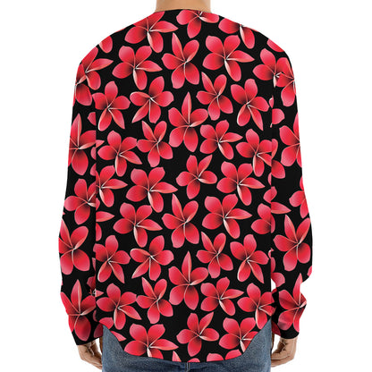 Red And Black Frangipani Pattern Print Long Sleeve Baseball Jersey