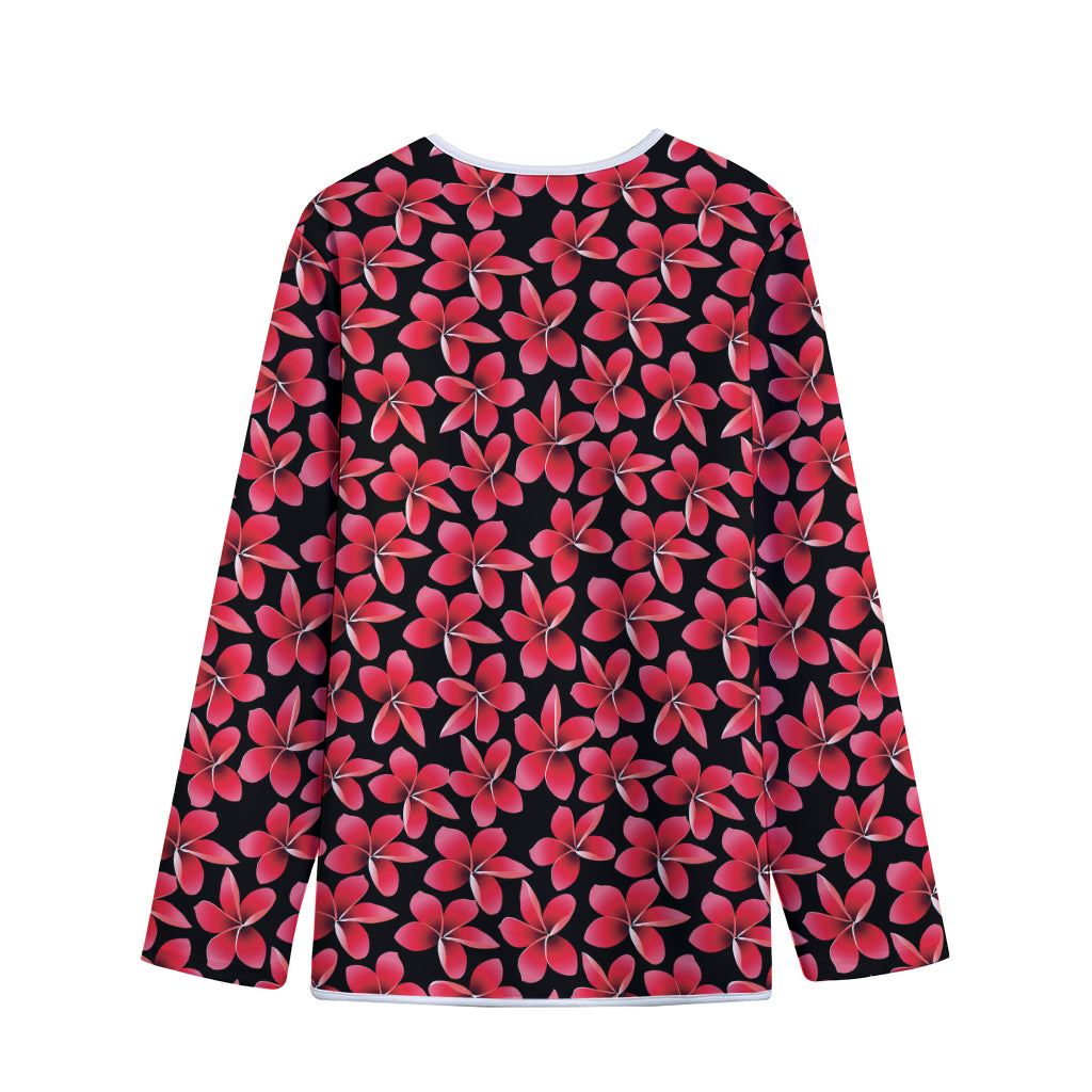 Red And Black Frangipani Pattern Print Long Sleeve Short Coat