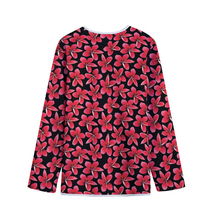 Red And Black Frangipani Pattern Print Long Sleeve Short Coat