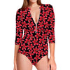 Red And Black Frangipani Pattern Print Long Sleeve Swimsuit