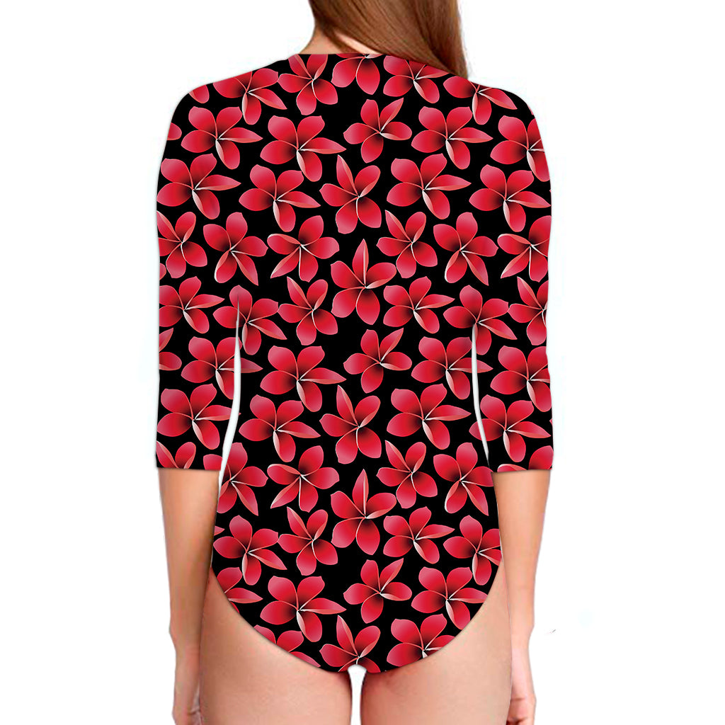 Red And Black Frangipani Pattern Print Long Sleeve Swimsuit