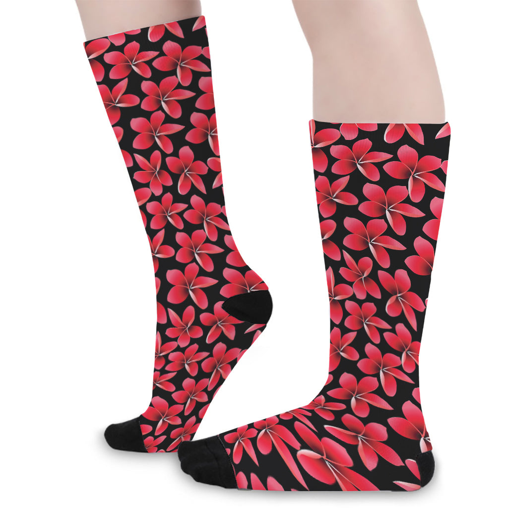 Red And Black Frangipani Pattern Print Long Socks