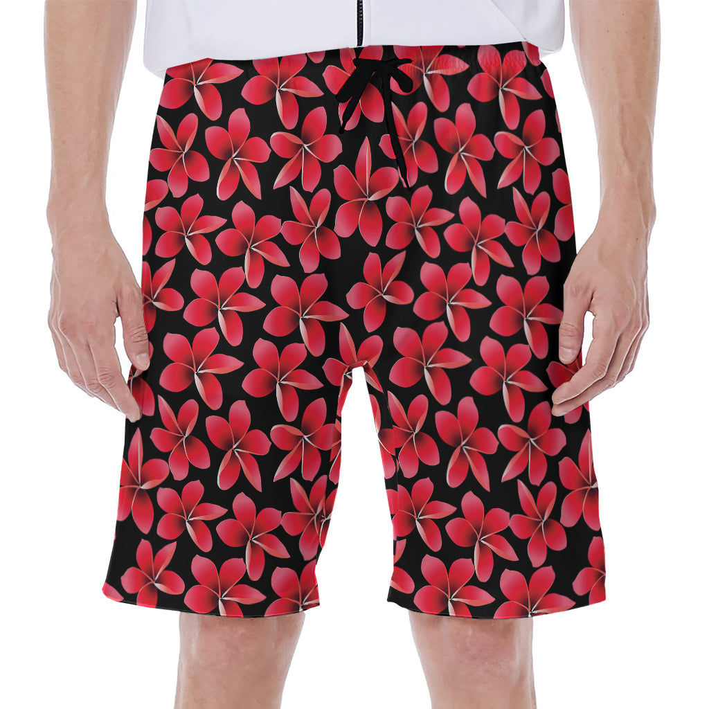 Red And Black Frangipani Pattern Print Men's Beach Shorts