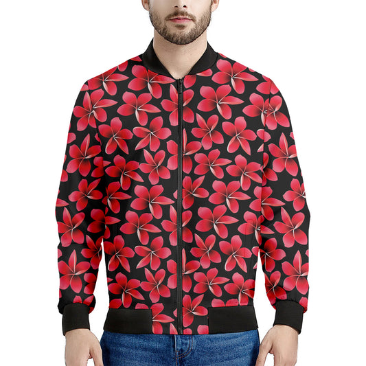 Red And Black Frangipani Pattern Print Men's Bomber Jacket