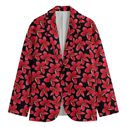Red And Black Frangipani Pattern Print Men's Cotton Blazer