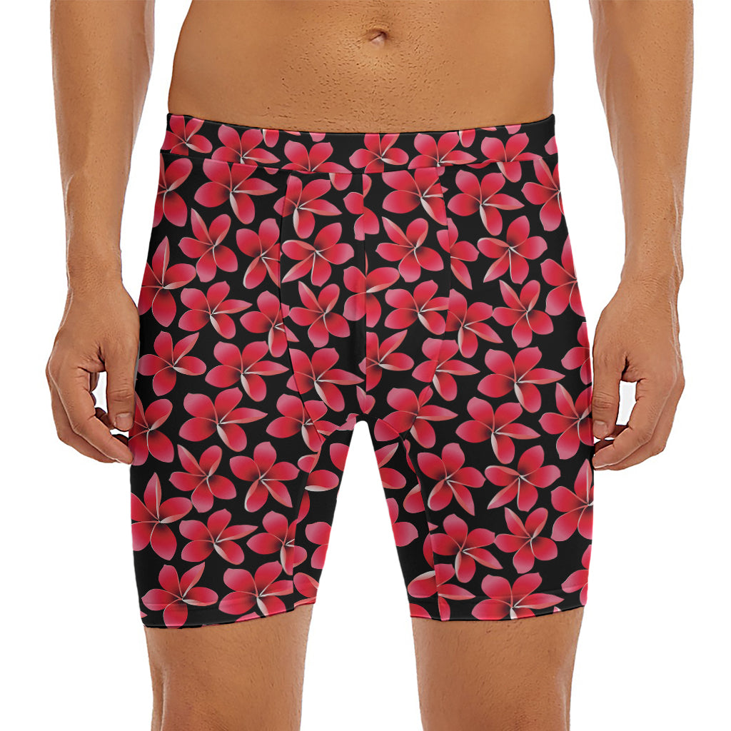 Red And Black Frangipani Pattern Print Men's Long Boxer Briefs