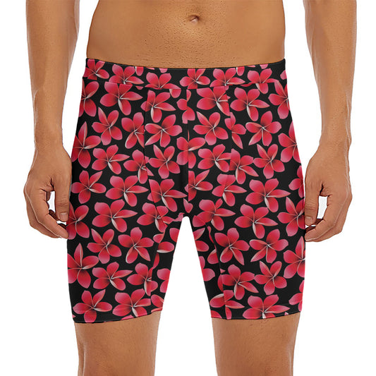 Red And Black Frangipani Pattern Print Men's Long Boxer Briefs
