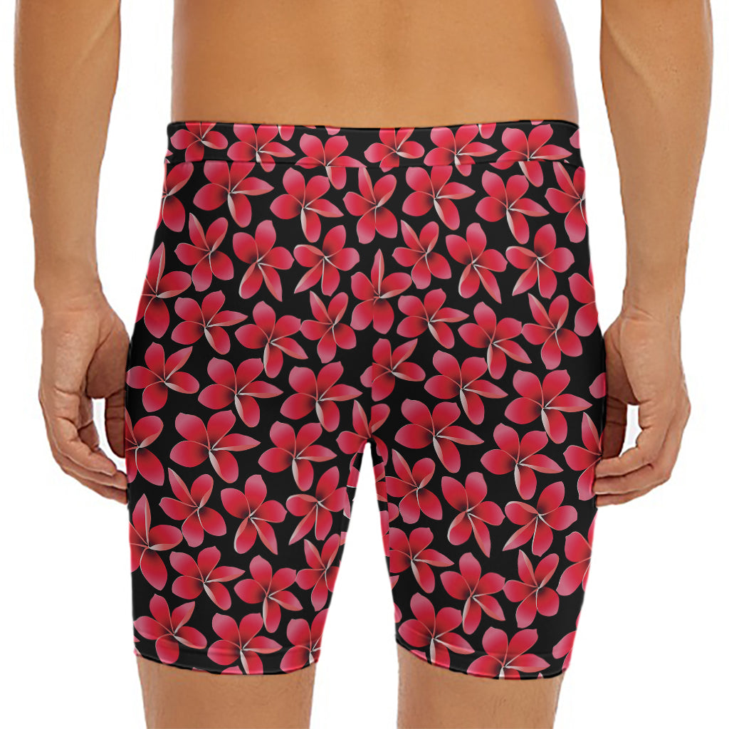 Red And Black Frangipani Pattern Print Men's Long Boxer Briefs