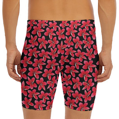 Red And Black Frangipani Pattern Print Men's Long Boxer Briefs