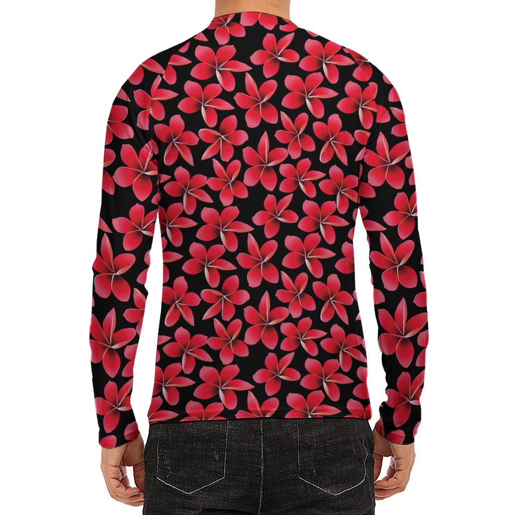 Red And Black Frangipani Pattern Print Men's Long Sleeve Rash Guard