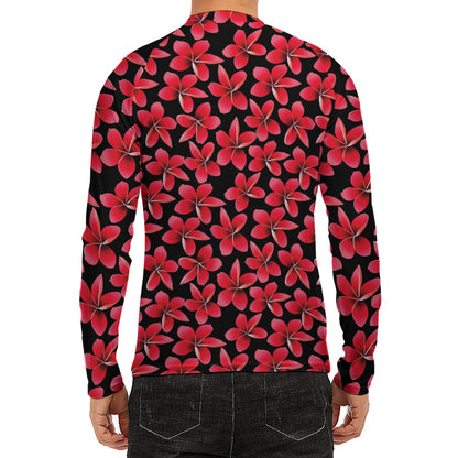 Red And Black Frangipani Pattern Print Men's Long Sleeve Rash Guard