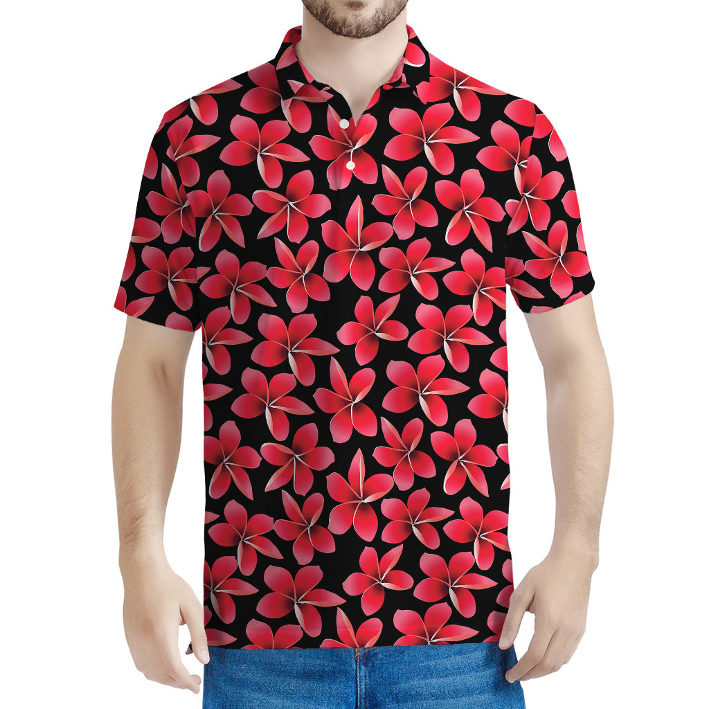 Red And Black Frangipani Pattern Print Men's Polo Shirt