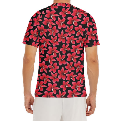 Red And Black Frangipani Pattern Print Men's Short Sleeve Rash Guard
