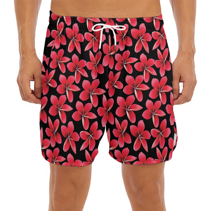 Red And Black Frangipani Pattern Print Men's Split Running Shorts