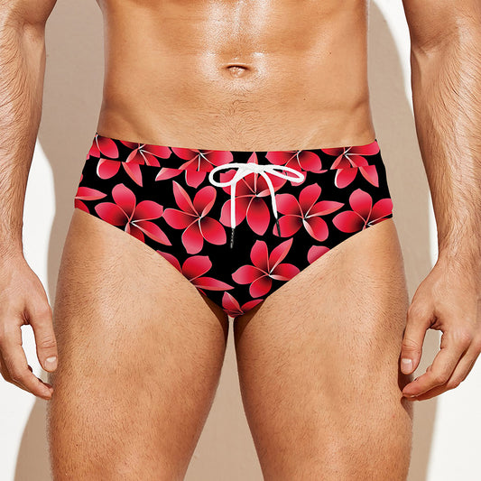 Red And Black Frangipani Pattern Print Men's Swim Briefs