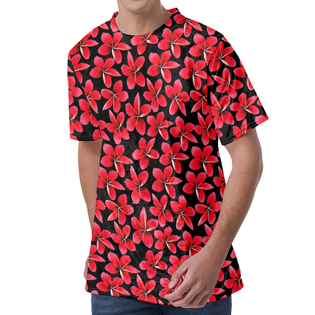 Red And Black Frangipani Pattern Print Men's Velvet T-Shirt