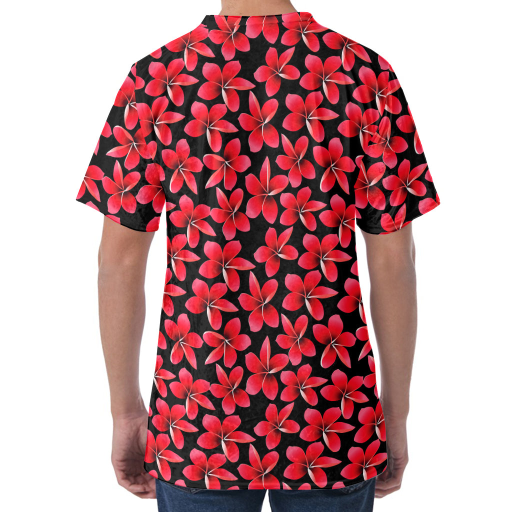 Red And Black Frangipani Pattern Print Men's Velvet T-Shirt