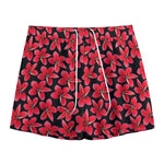 Red And Black Frangipani Pattern Print Mesh Shorts