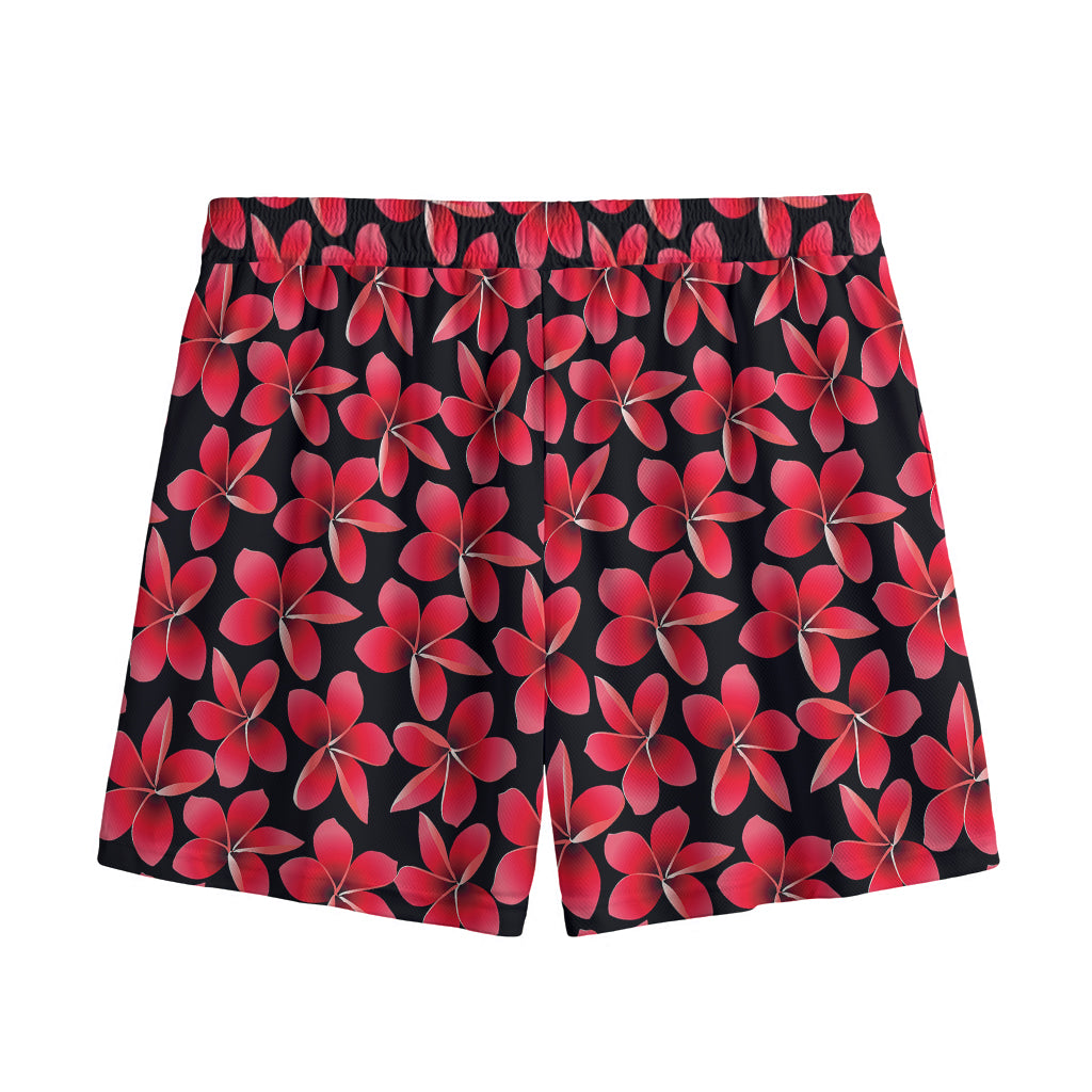 Red And Black Frangipani Pattern Print Mesh Shorts