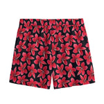 Red And Black Frangipani Pattern Print Mesh Shorts
