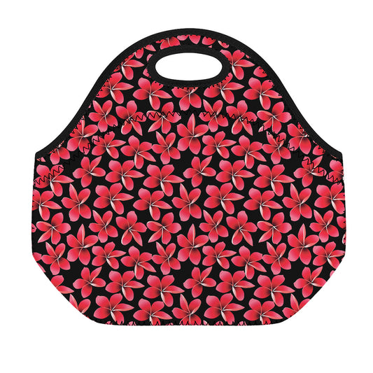 Red And Black Frangipani Pattern Print Neoprene Lunch Bag