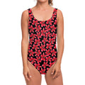 Red And Black Frangipani Pattern Print One Piece Swimsuit