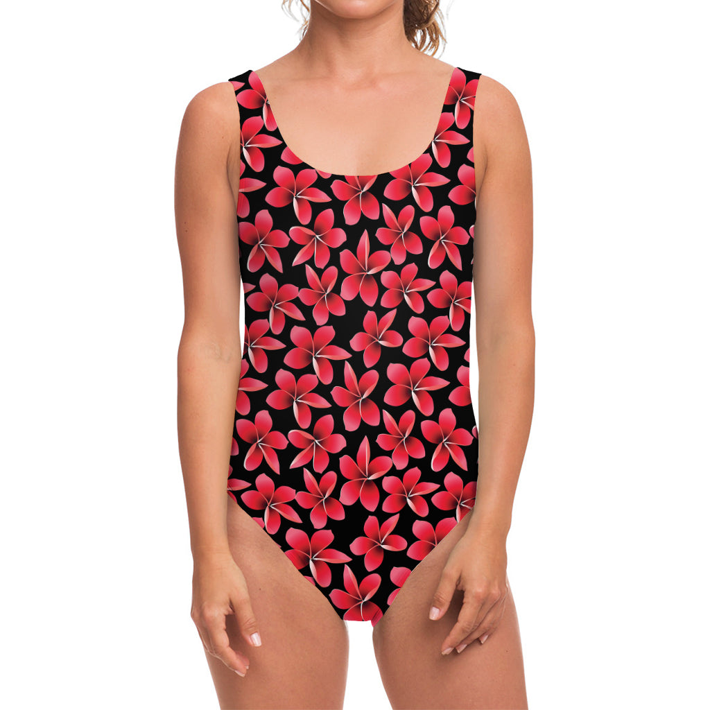 Red And Black Frangipani Pattern Print One Piece Swimsuit
