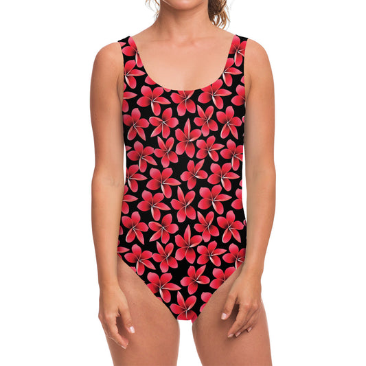Red And Black Frangipani Pattern Print One Piece Swimsuit