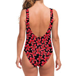 Red And Black Frangipani Pattern Print One Piece Swimsuit