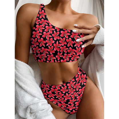 Red And Black Frangipani Pattern Print One Shoulder Bikini Top
