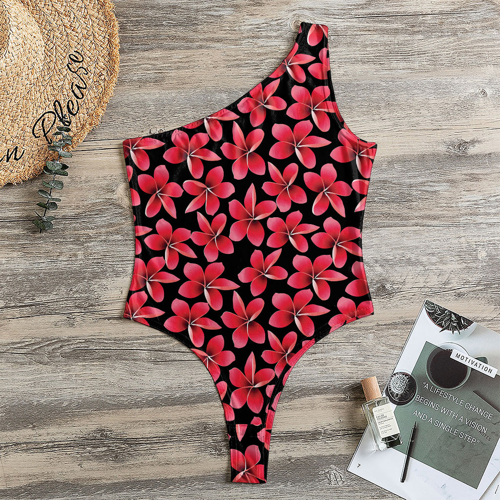 Red And Black Frangipani Pattern Print One Shoulder Bodysuit
