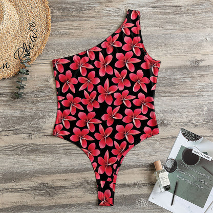 Red And Black Frangipani Pattern Print One Shoulder Bodysuit