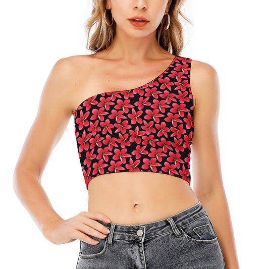 Red And Black Frangipani Pattern Print One Shoulder Crop Top