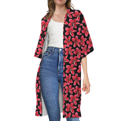Red And Black Frangipani Pattern Print Open Front Beach Cover Up