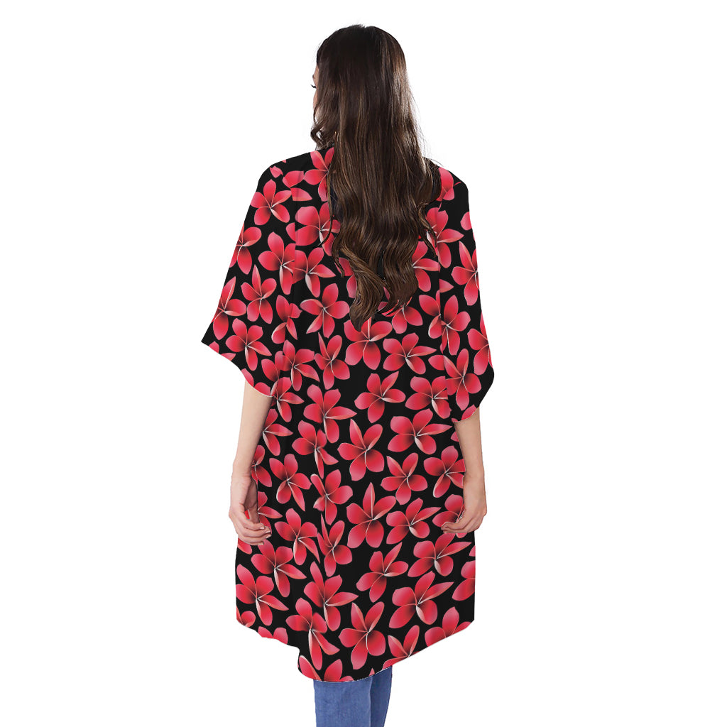 Red And Black Frangipani Pattern Print Open Front Beach Cover Up