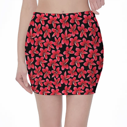 Red And Black Frangipani Pattern Print Pencil Mini Skirt