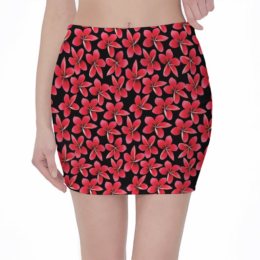 Red And Black Frangipani Pattern Print Pencil Mini Skirt