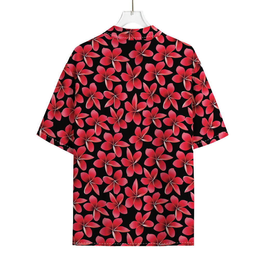 Red And Black Frangipani Pattern Print Rayon Hawaiian Shirt