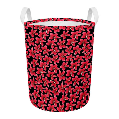Red And Black Frangipani Pattern Print Round Laundry Basket