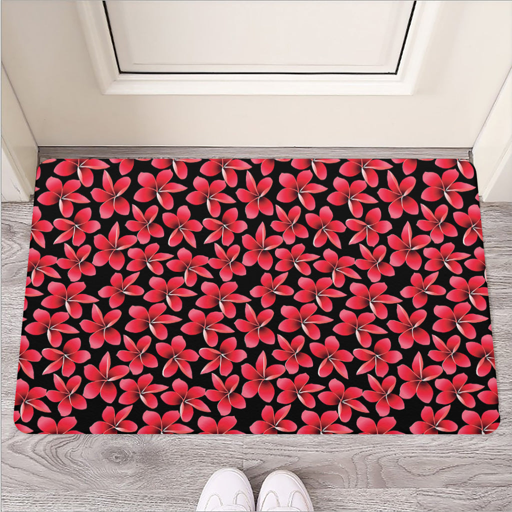 Red And Black Frangipani Pattern Print Rubber Doormat