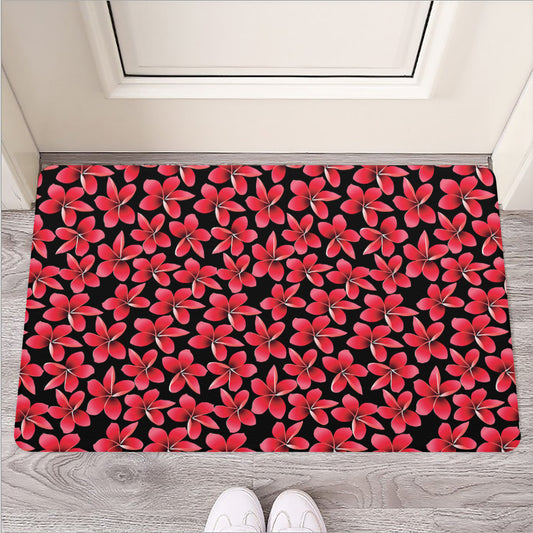 Red And Black Frangipani Pattern Print Rubber Doormat