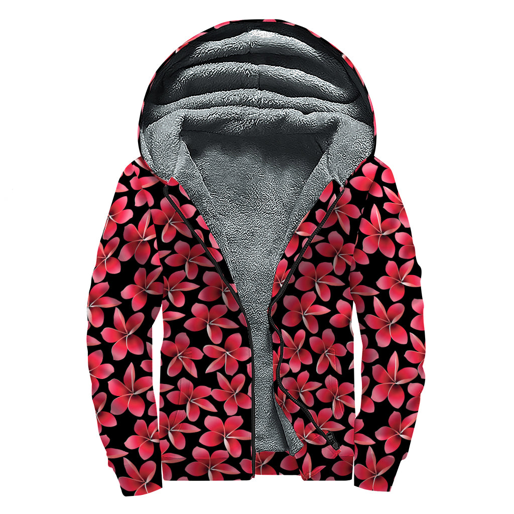 Red And Black Frangipani Pattern Print Sherpa Lined Zip Up Hoodie