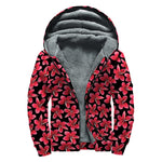 Red And Black Frangipani Pattern Print Sherpa Lined Zip Up Hoodie